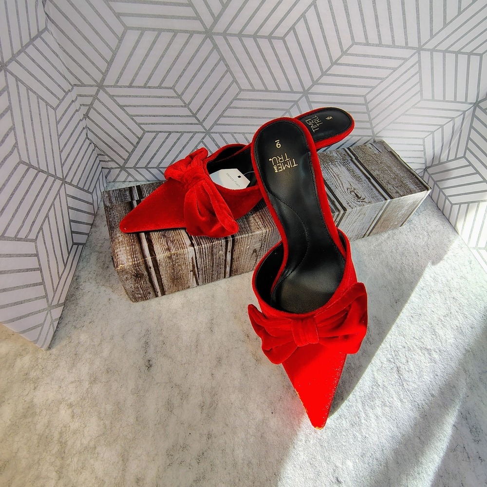 Women's Red Velvet Bow Sz 10 Mule‎ Sexy Party Shoes High Heels Eveningwear